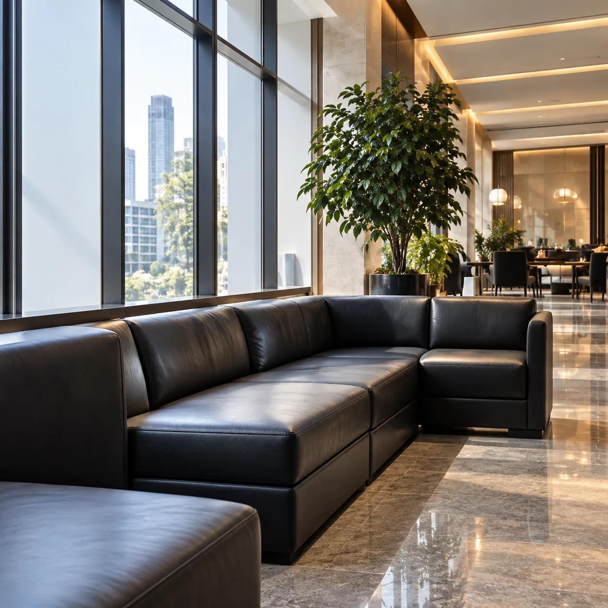 Long black leather banquette running the length of a bright lobby