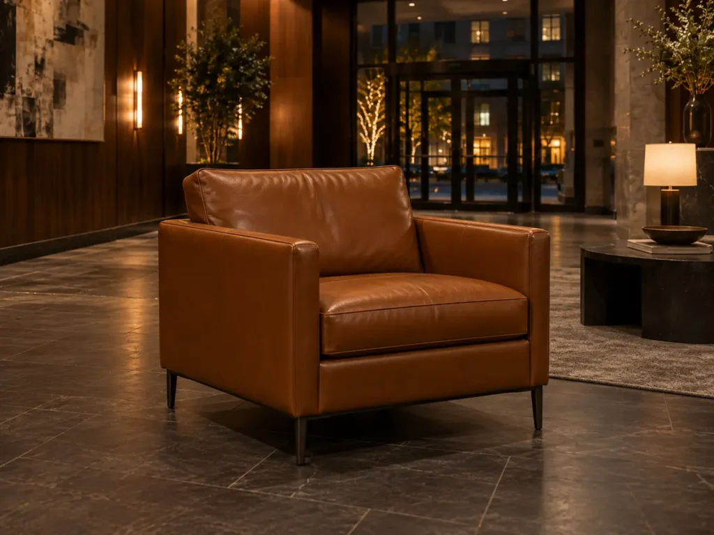 Cognac leather lobby armchair in sound condition