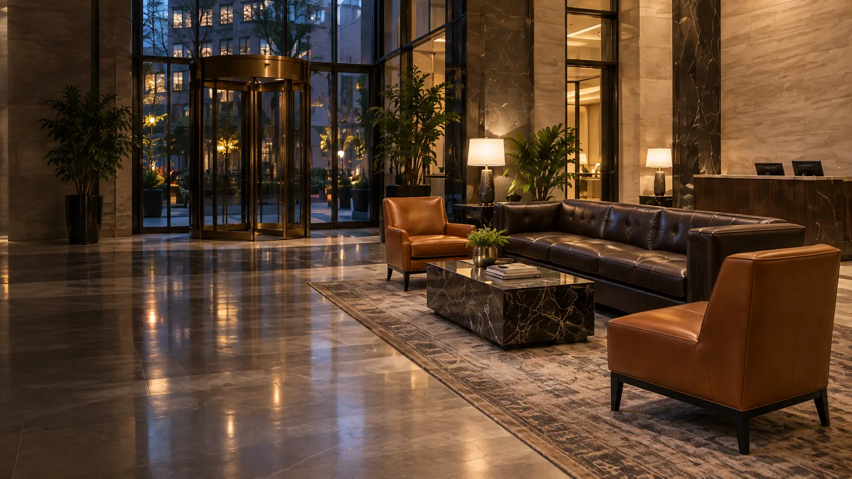 Residential lobby furniture repair NYC: cognac leather seating in a warmly lit Manhattan residential lobby