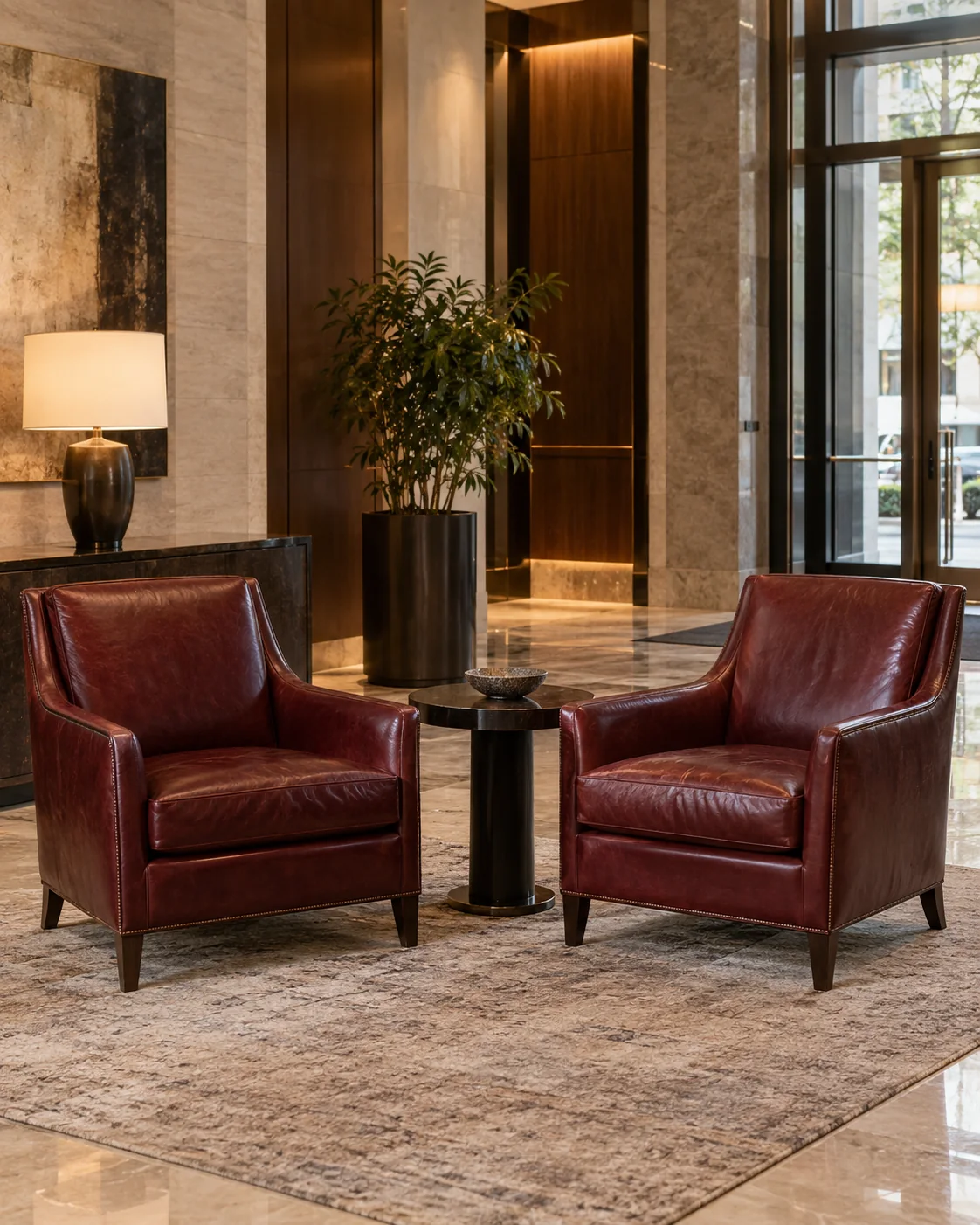 A pair of leather lounge chairs in a lobby