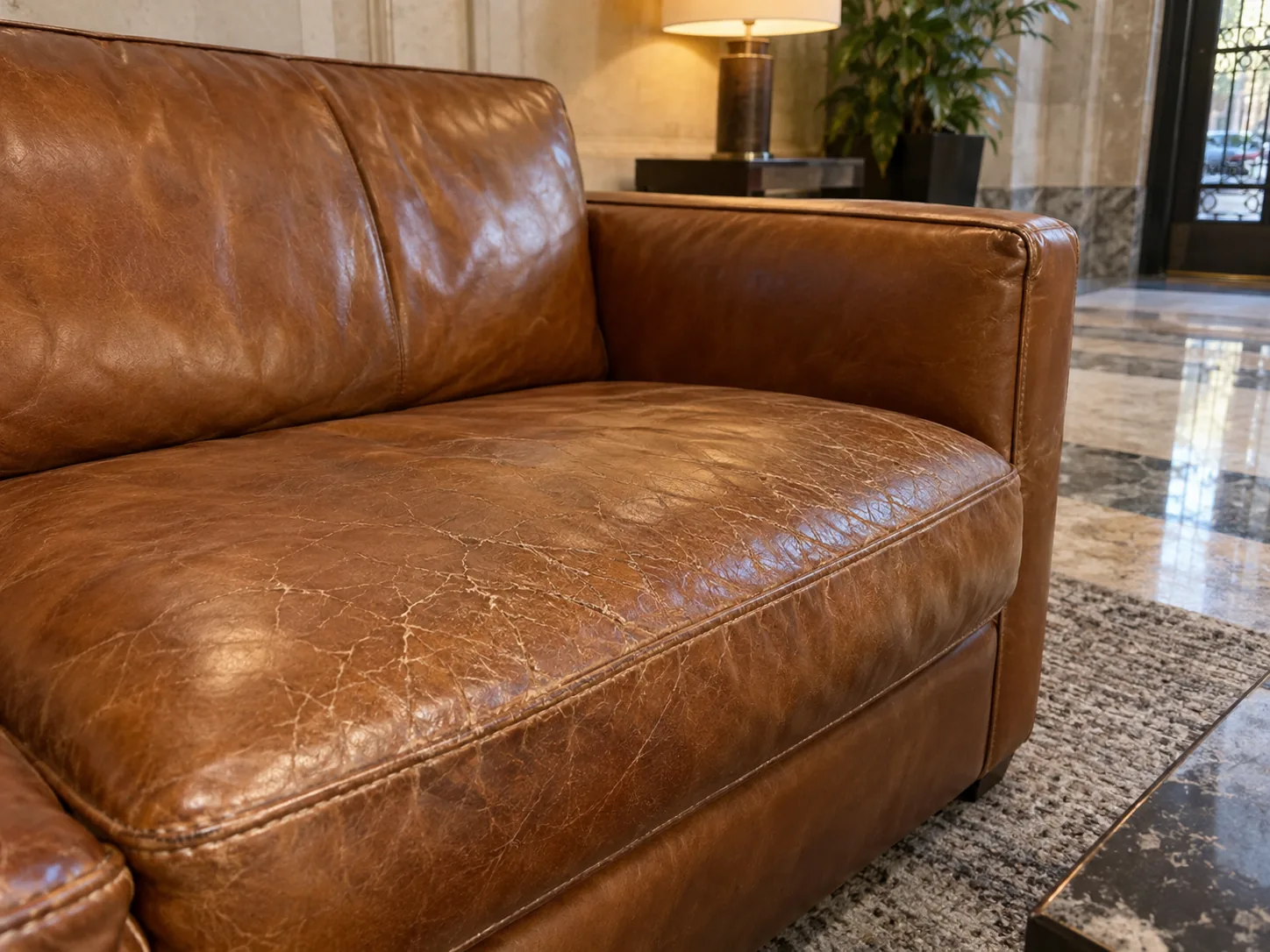 A split seat cushion in a building lobby