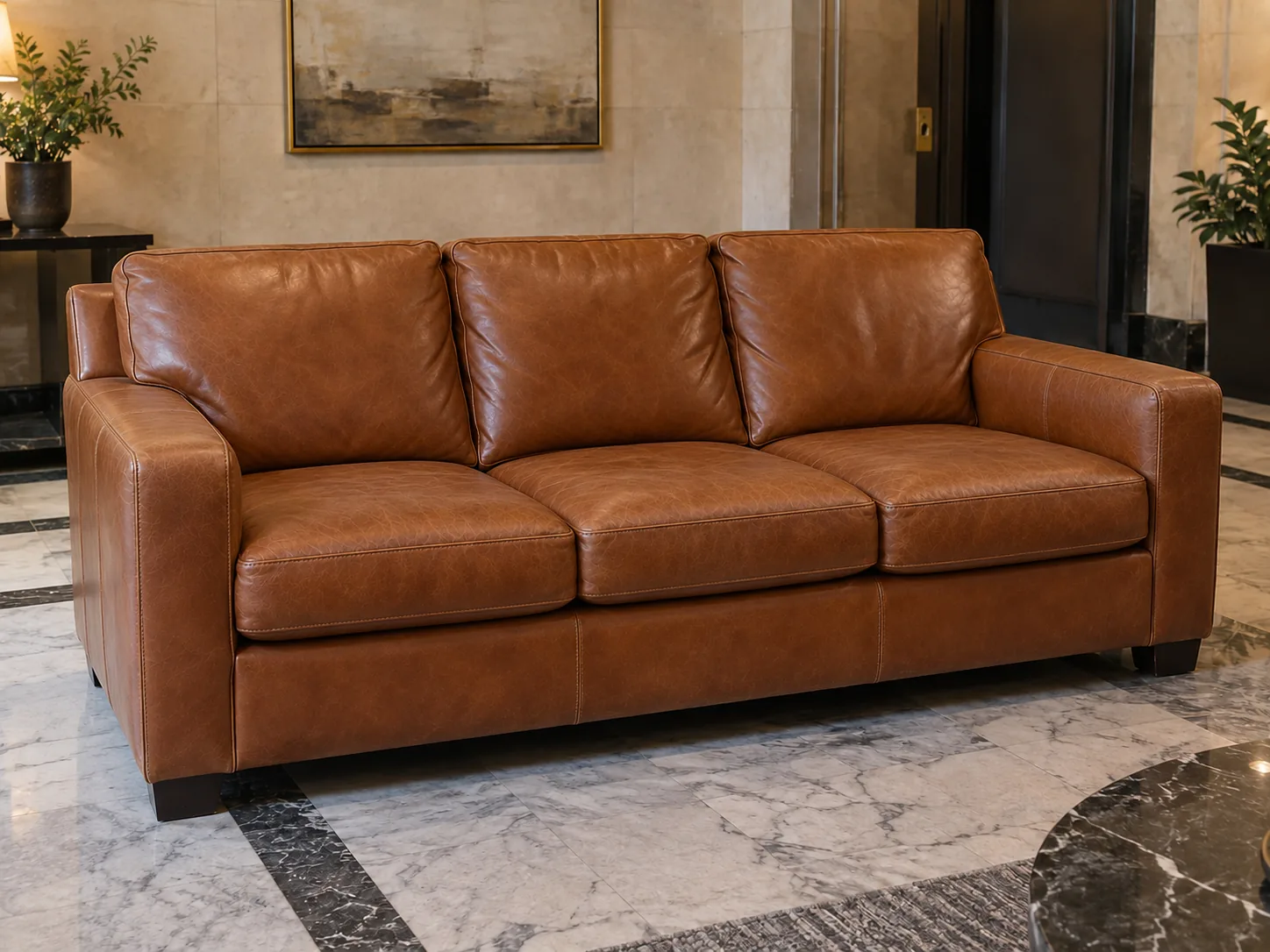 The same lobby sofa after leather reupholstery