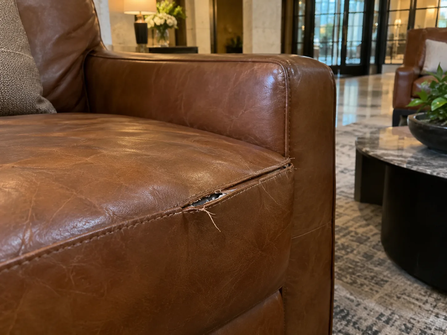 A split seam on a leather lobby sofa