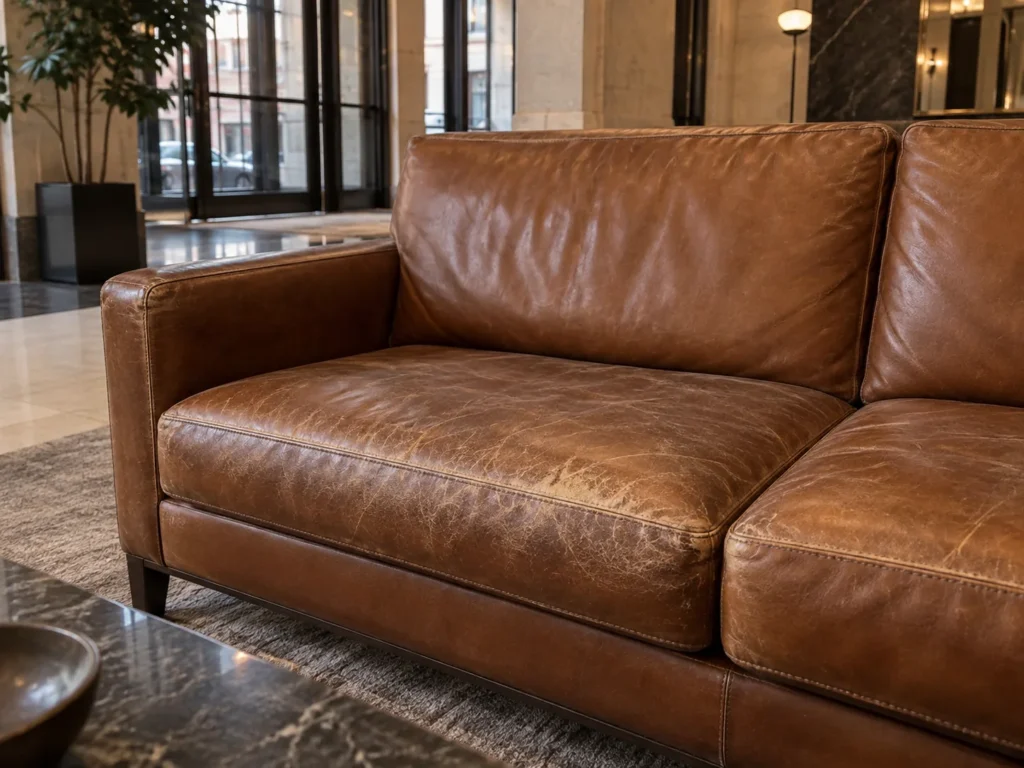 Worn and cracked cognac leather lobby sofa before restoration