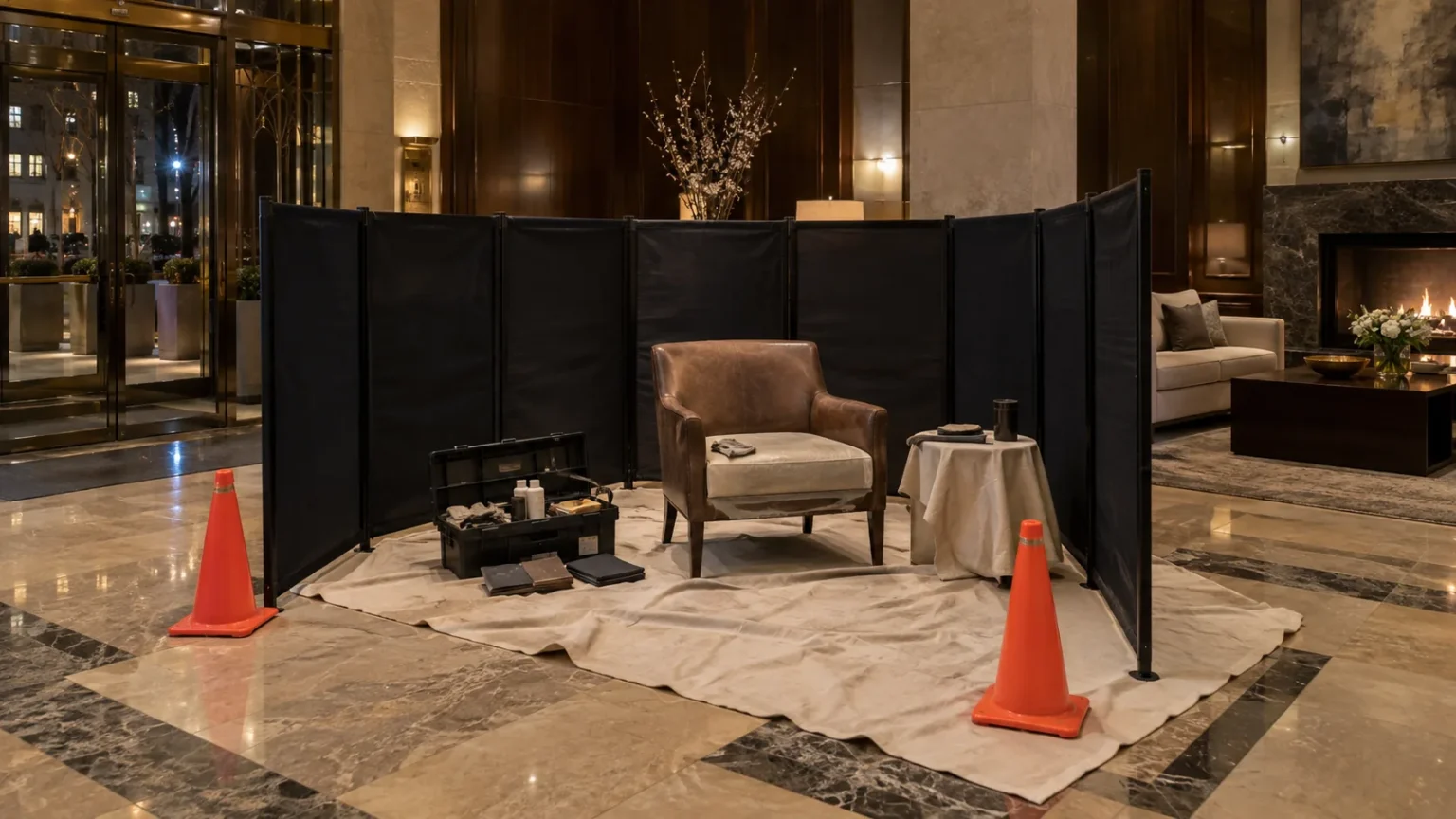Screened work area around a chair in a building lobby