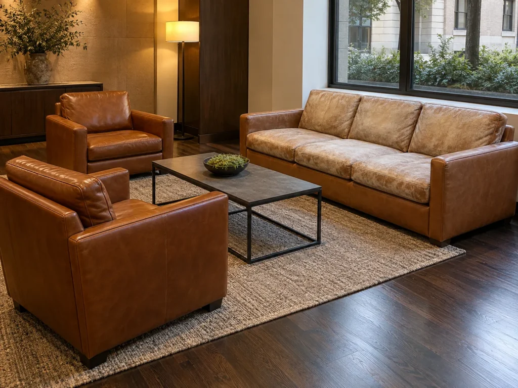 Lobby seating set with one faded leather sofa