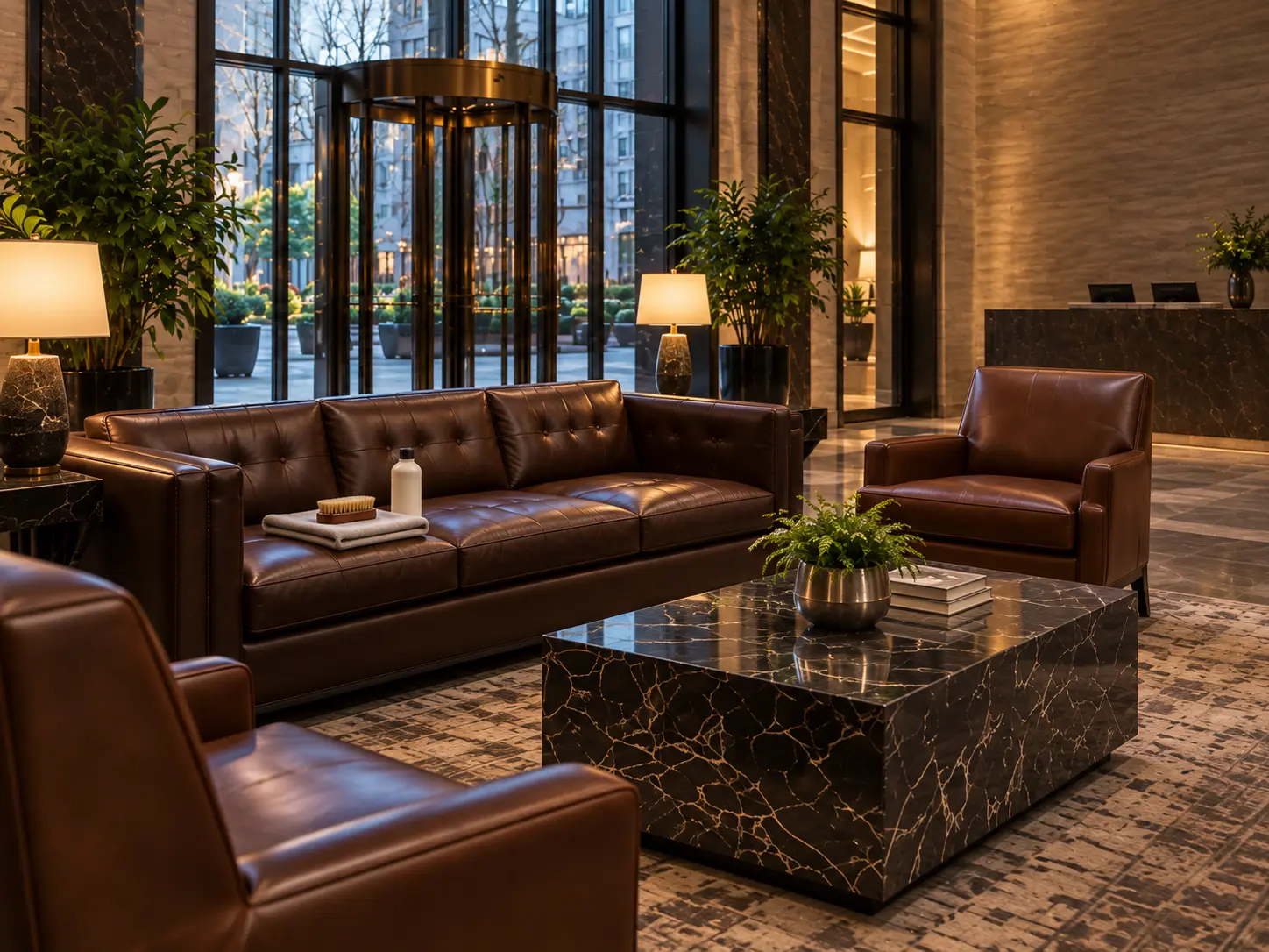 A leather lobby sofa being cleaned and conditioned during a maintenance visit