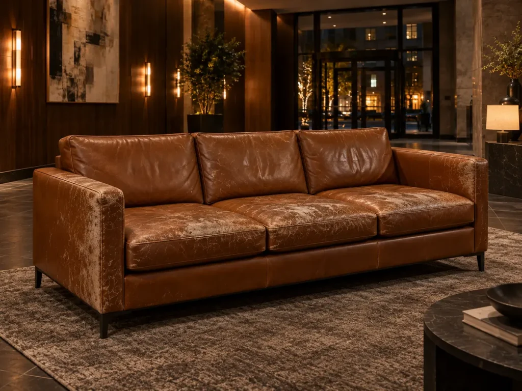 Lobby leather sofa with the surface worn out across the seats