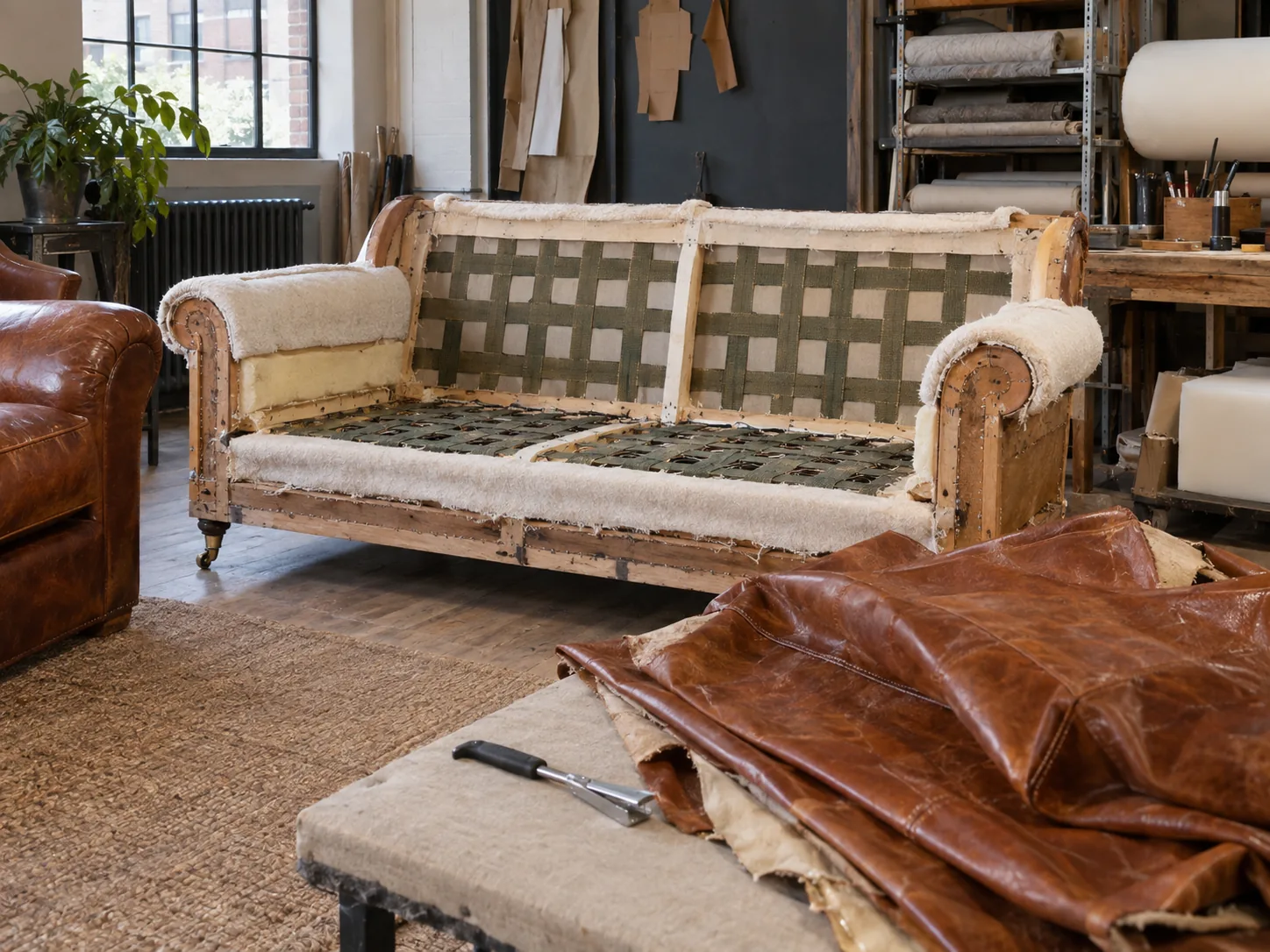 Leather sofa stripped back to its webbing and frame for reupholstery