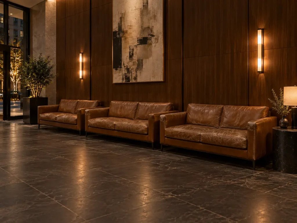 Row of worn leather lobby sofas