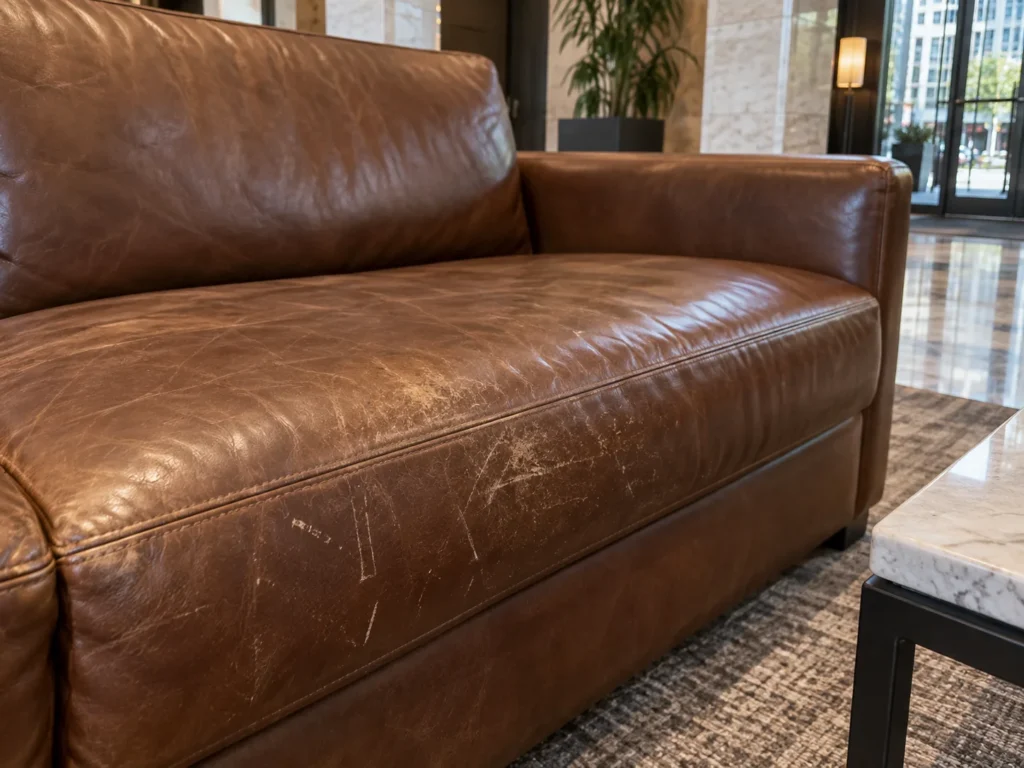 Scratched and scuffed seat on a cognac leather lobby sofa