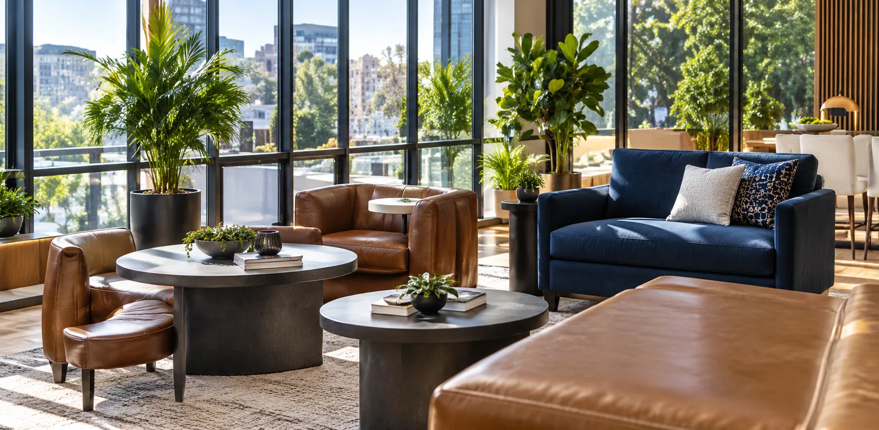 Tan leather sofa in a commercial lobby lounge