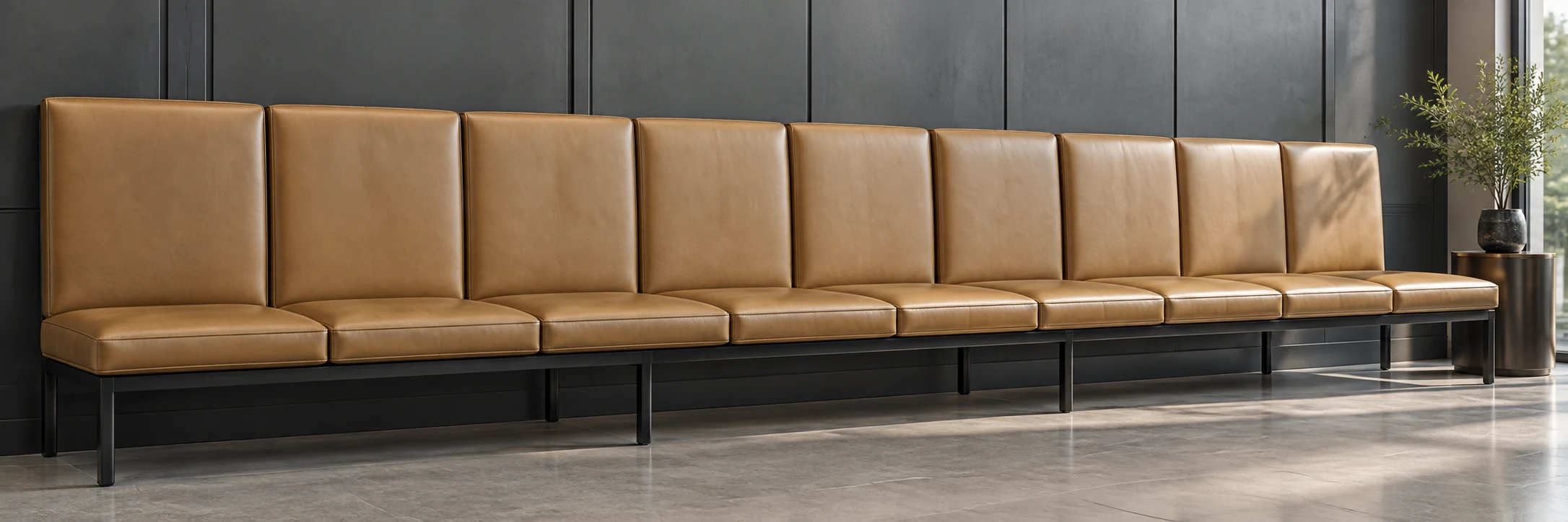 Long tan leather banquette run after seat cushion replacement