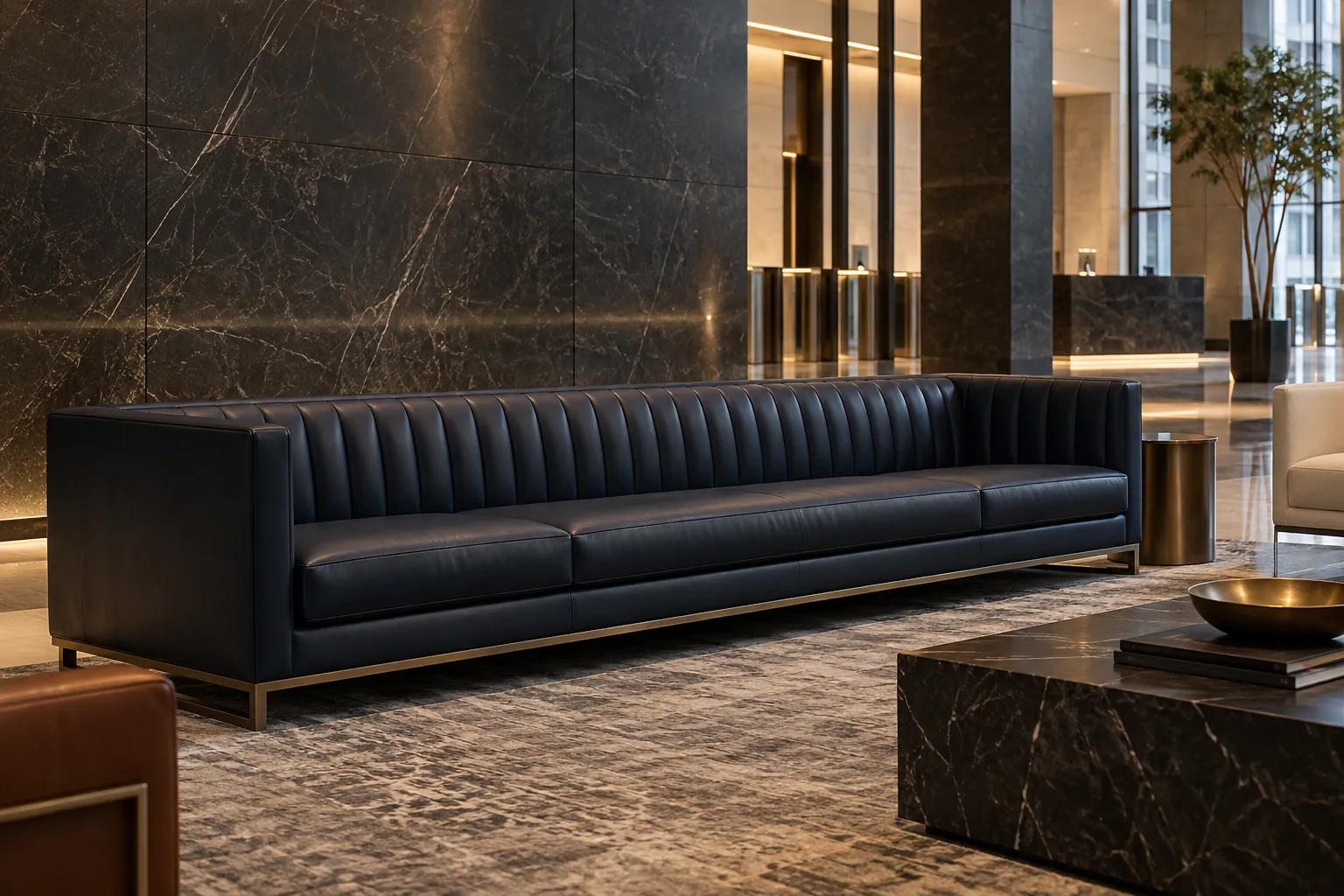 A long channel-tufted sofa in an office lobby