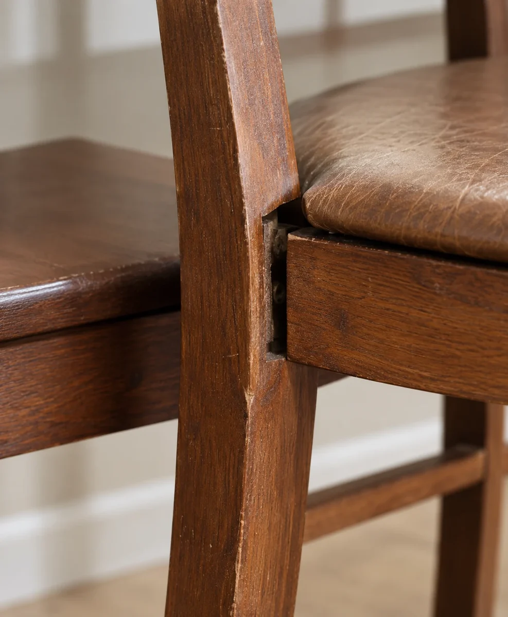Open gap where a dining chair back leg meets the seat rail