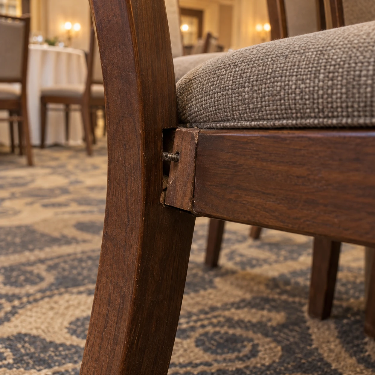 A loose joint in a banquet chair wood frame