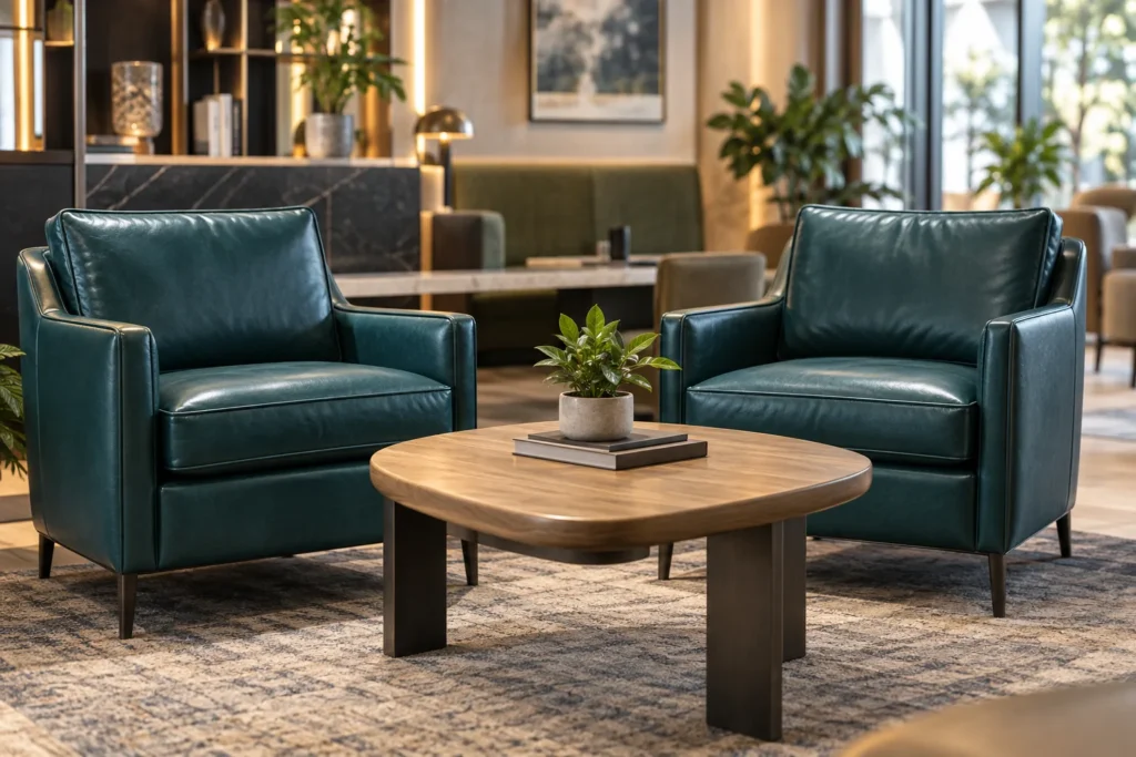 Teal leather lounge chairs around a low table