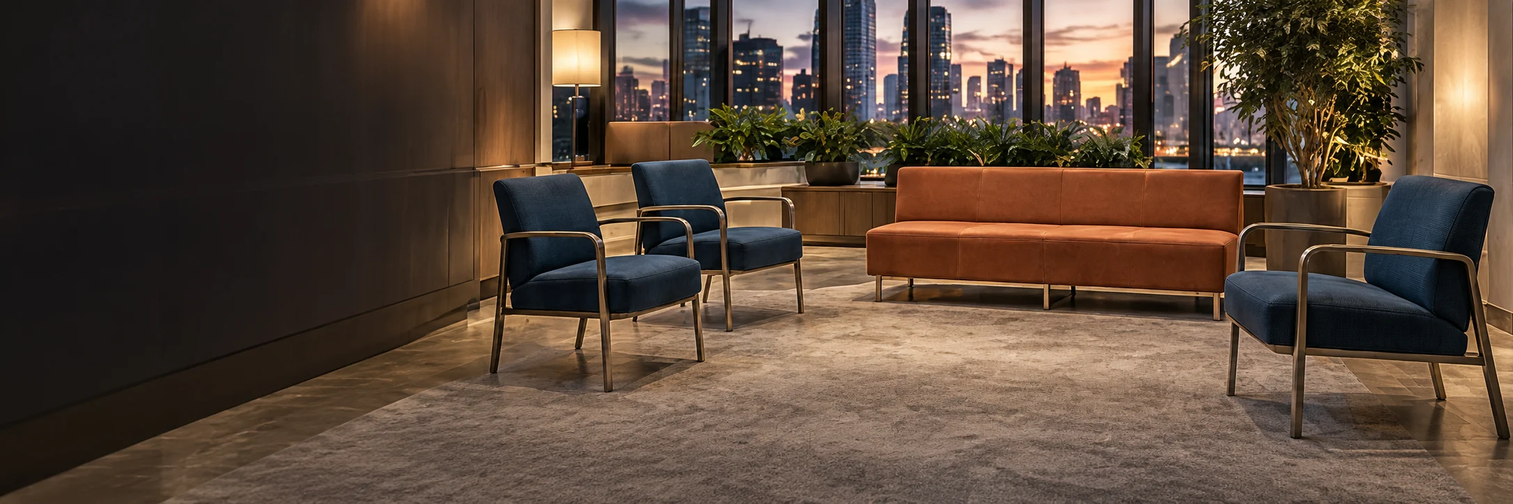 Waiting room lounge seating at dusk with the city skyline behind it