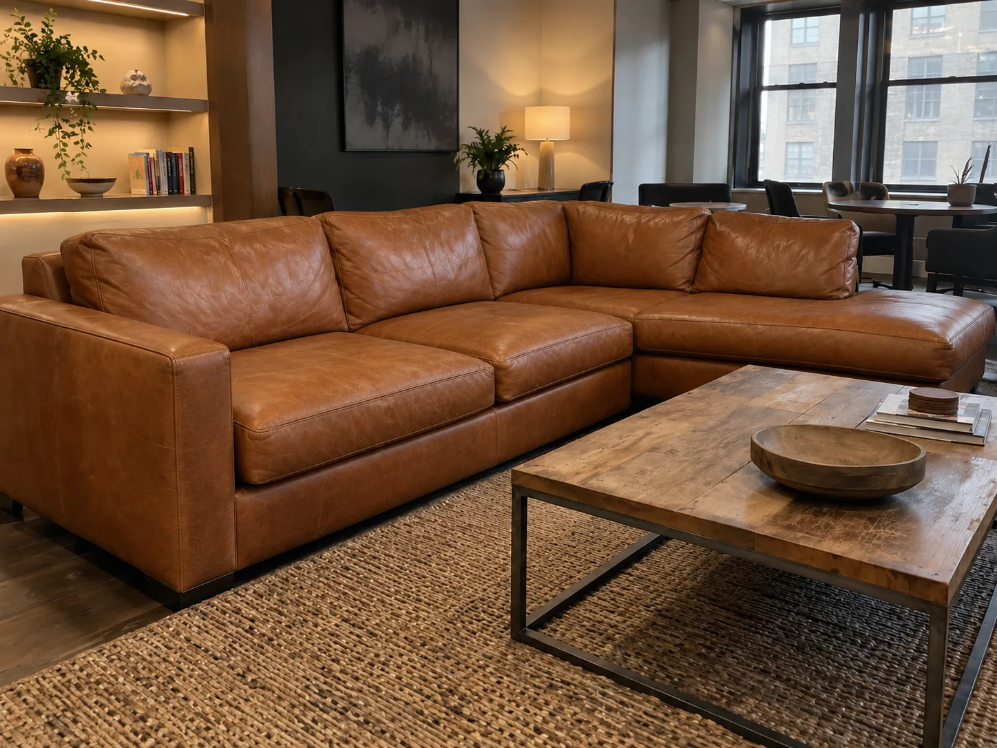 The same lounge sectional after leather reupholstery