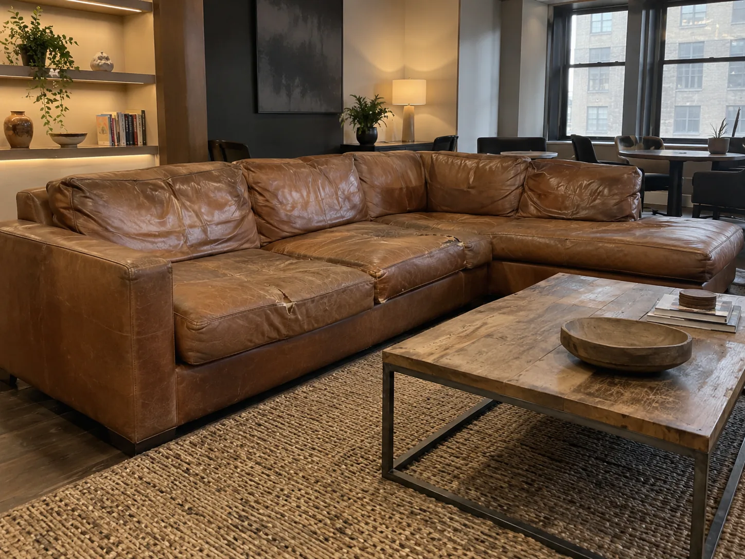 A lounge sectional before leather reupholstery