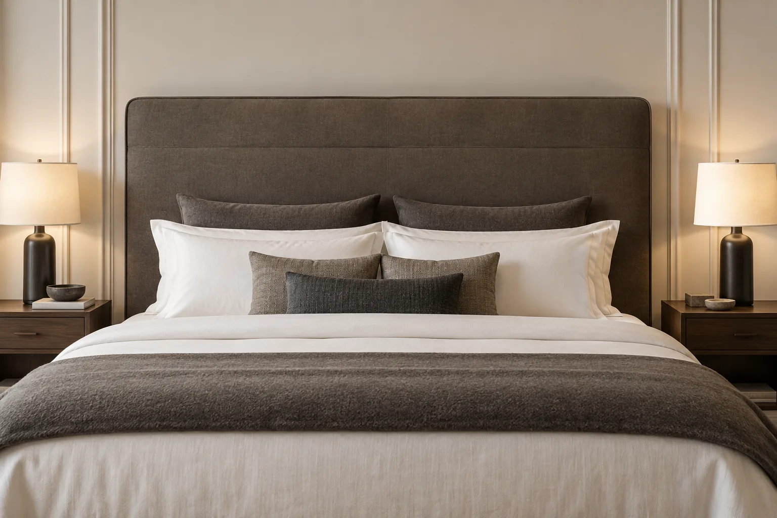 Low brown rectangular headboard with a single stitched band across the top