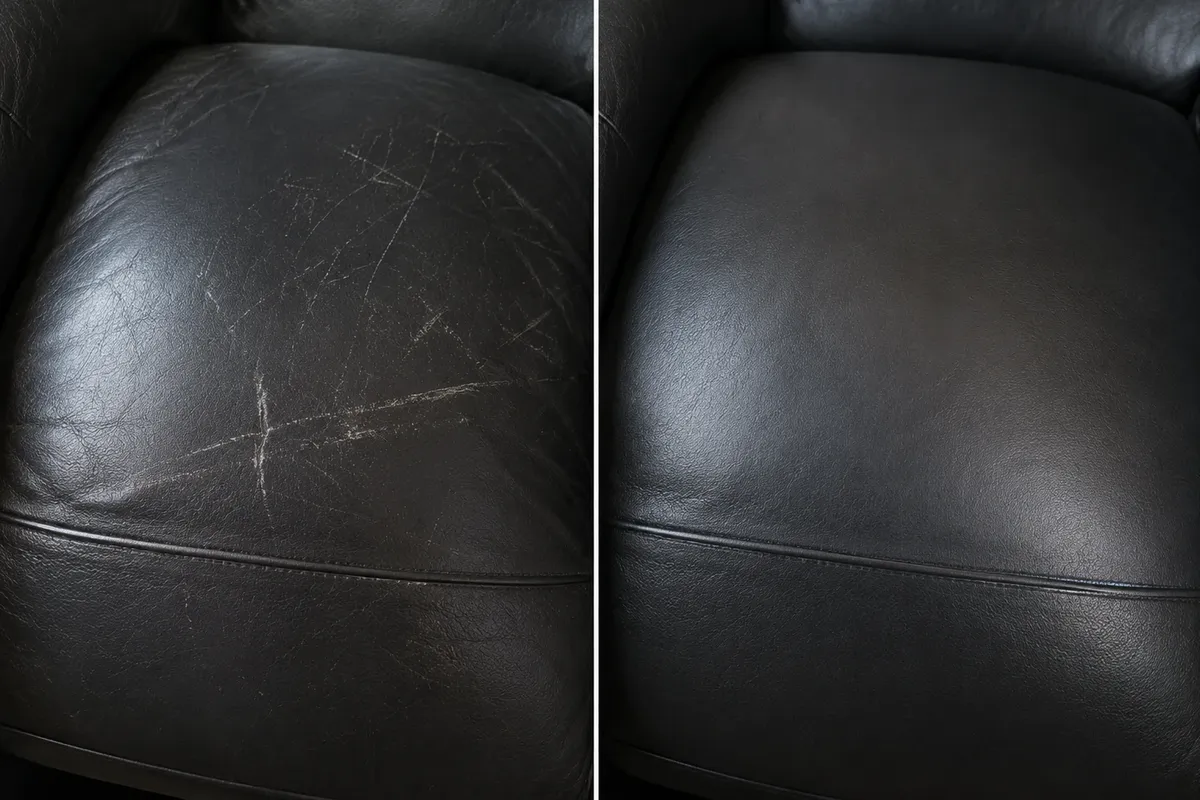 Black leather cushion with a pale diagonal scratch before repair and a uniform finish after