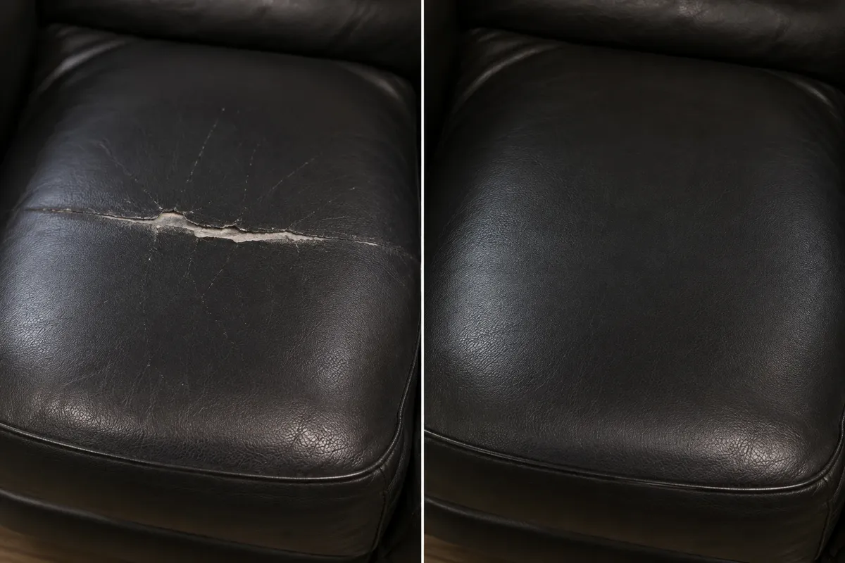 Black leather sofa cushion with a deep pale split across the front before repair and closed after