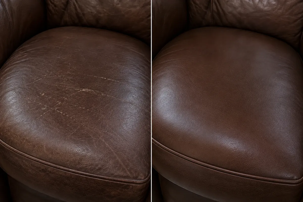 Brown leather armchair cushion with light surface scratching before repair and an even sheen after