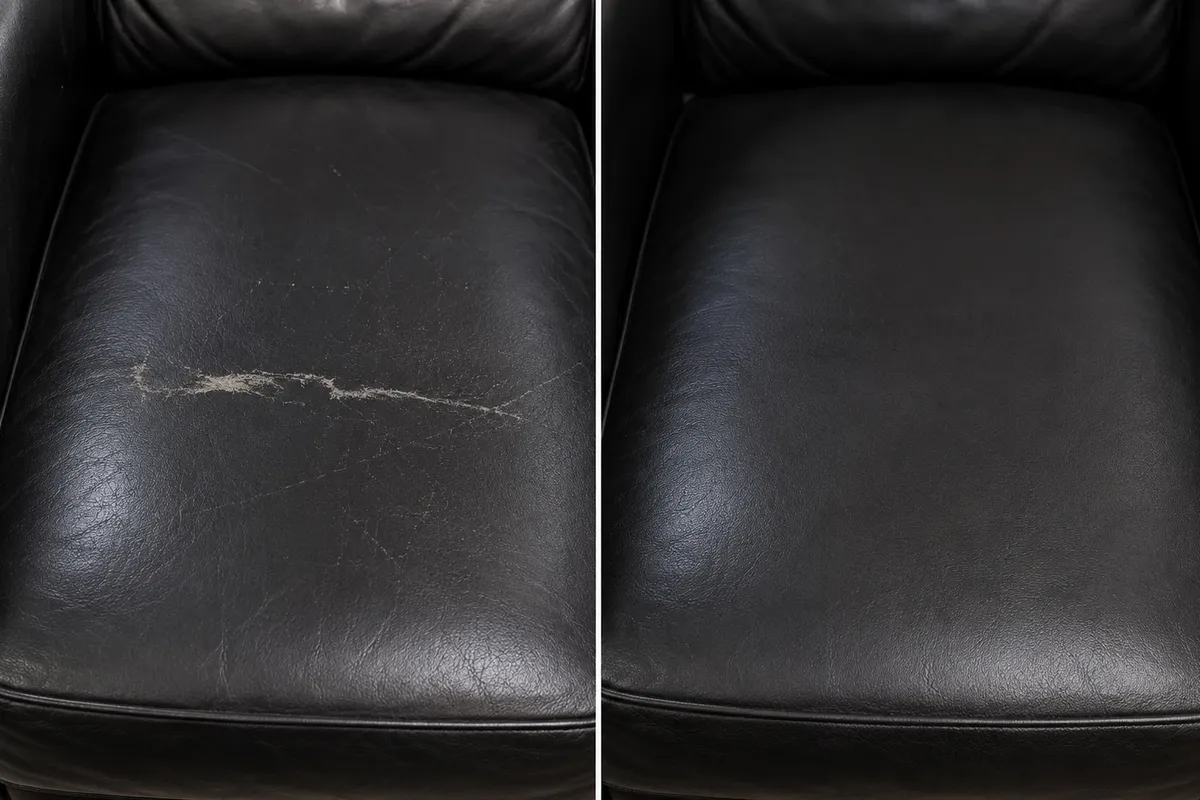 Dark brown leather cushion with a long branching scratch before repair and no trace of it after