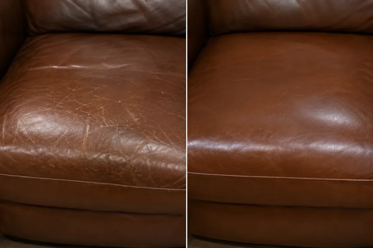 Mid-brown leather sofa cushion, cracked and scuffed along the front edge before repair and smooth after