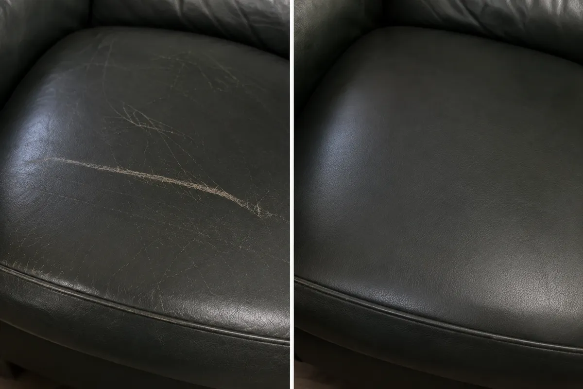 Charcoal leather cushion with a long horizontal scratch before repair and an even panel after