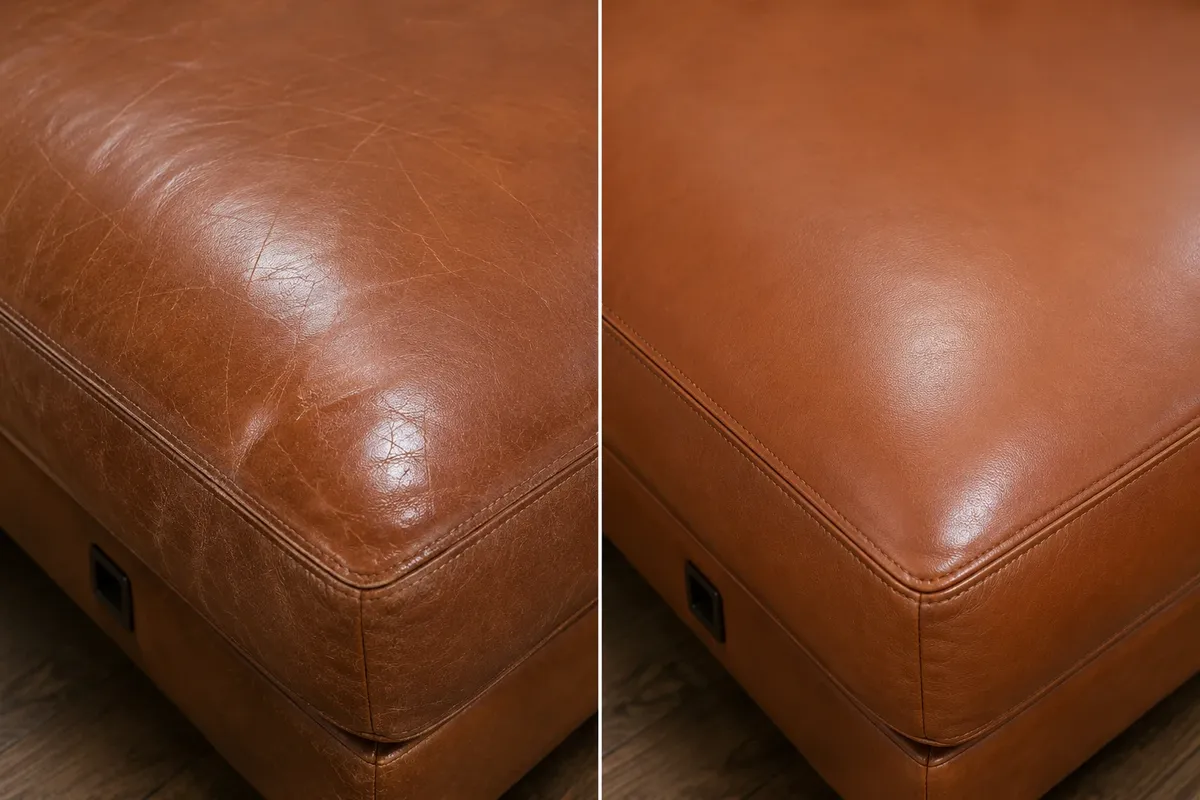 Cognac leather ottoman corner scuffed along the top edge before repair and recoloured after