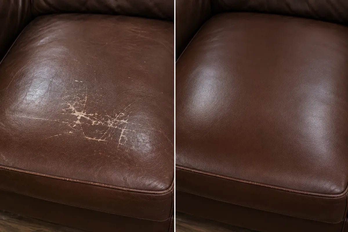 Dark reddish-brown sofa cushion with a cluster of pale scratches before repair and an even finish after
