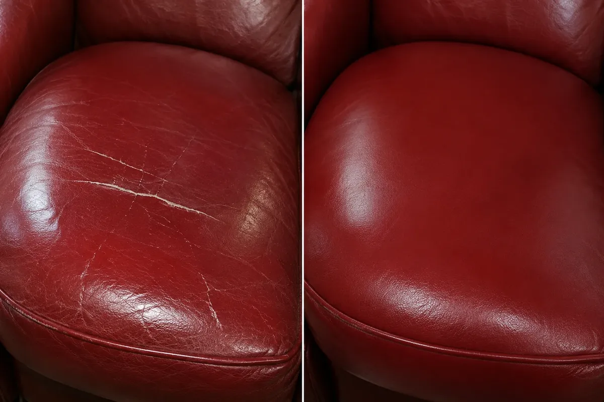 Red leather armchair cushion with a curved scratch before repair and matched colour after