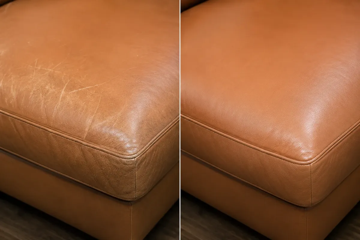 Tan leather ottoman corner, heavily creased and scuffed before repair and flat after