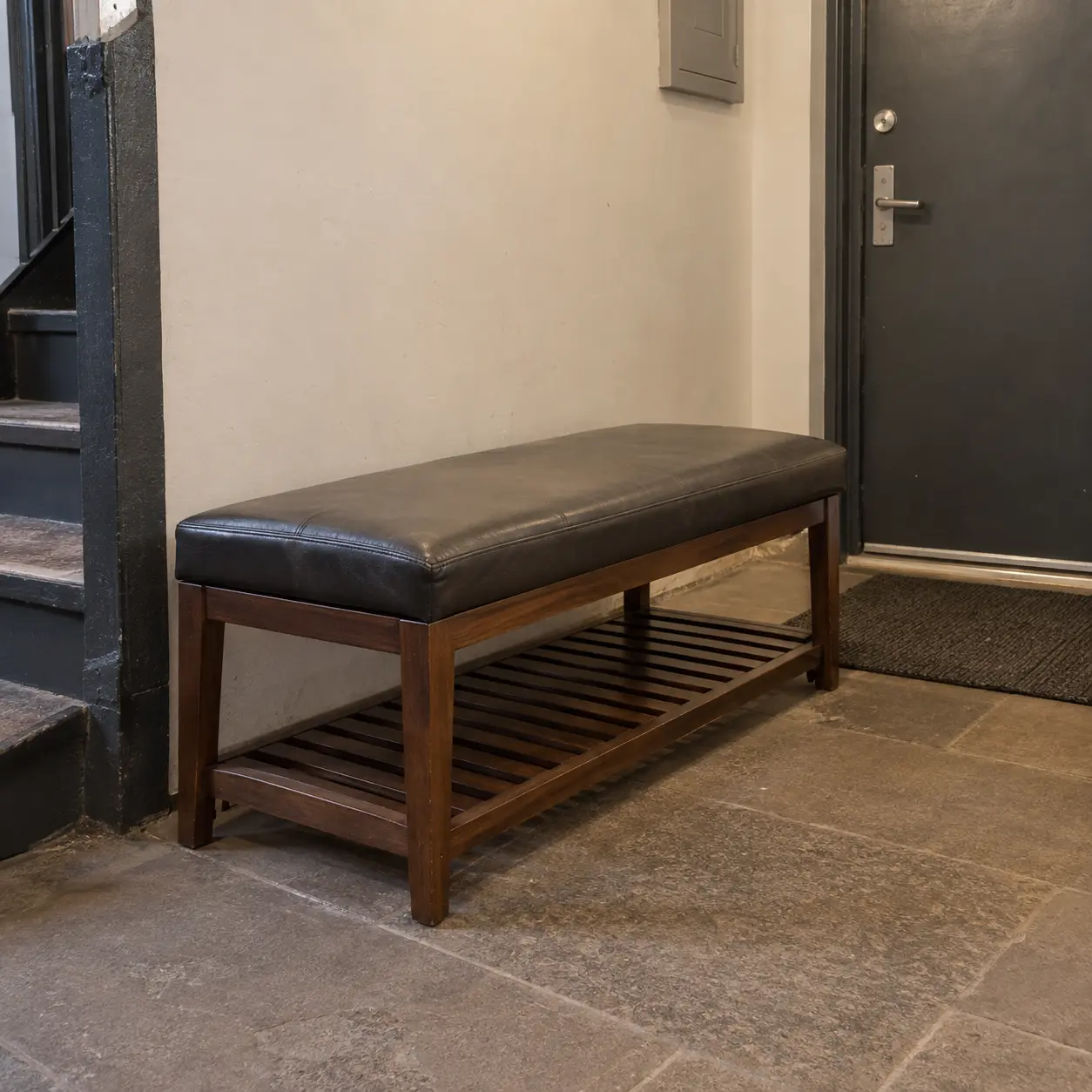 A luggage bench at a building entry