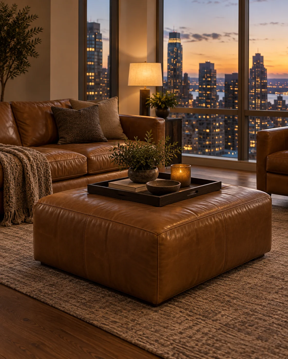 A leather ottoman used as a coffee table in a luxury apartment