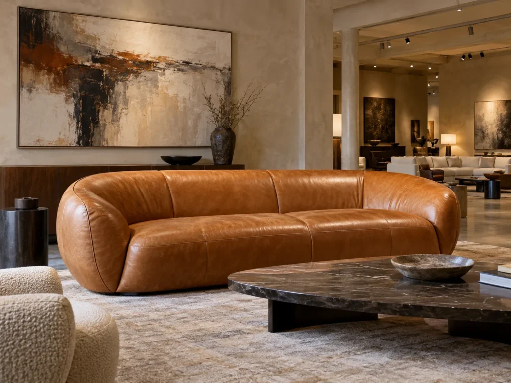 Curved cognac leather sofa in a furniture gallery