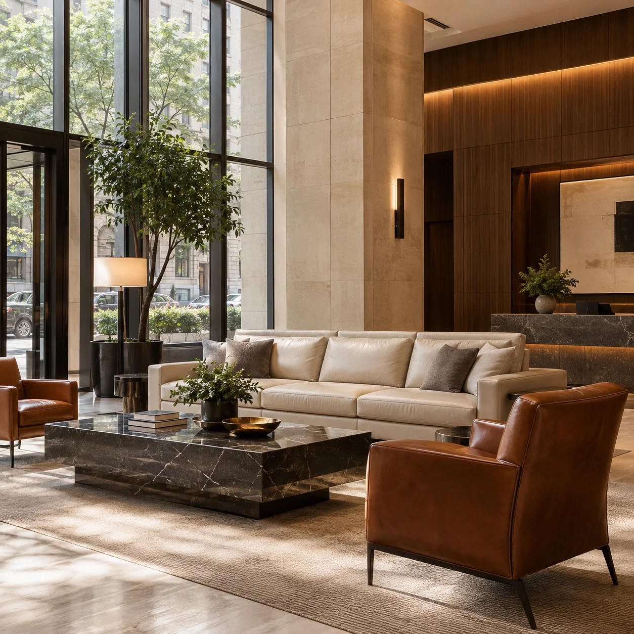 The lobby of a luxury rental building