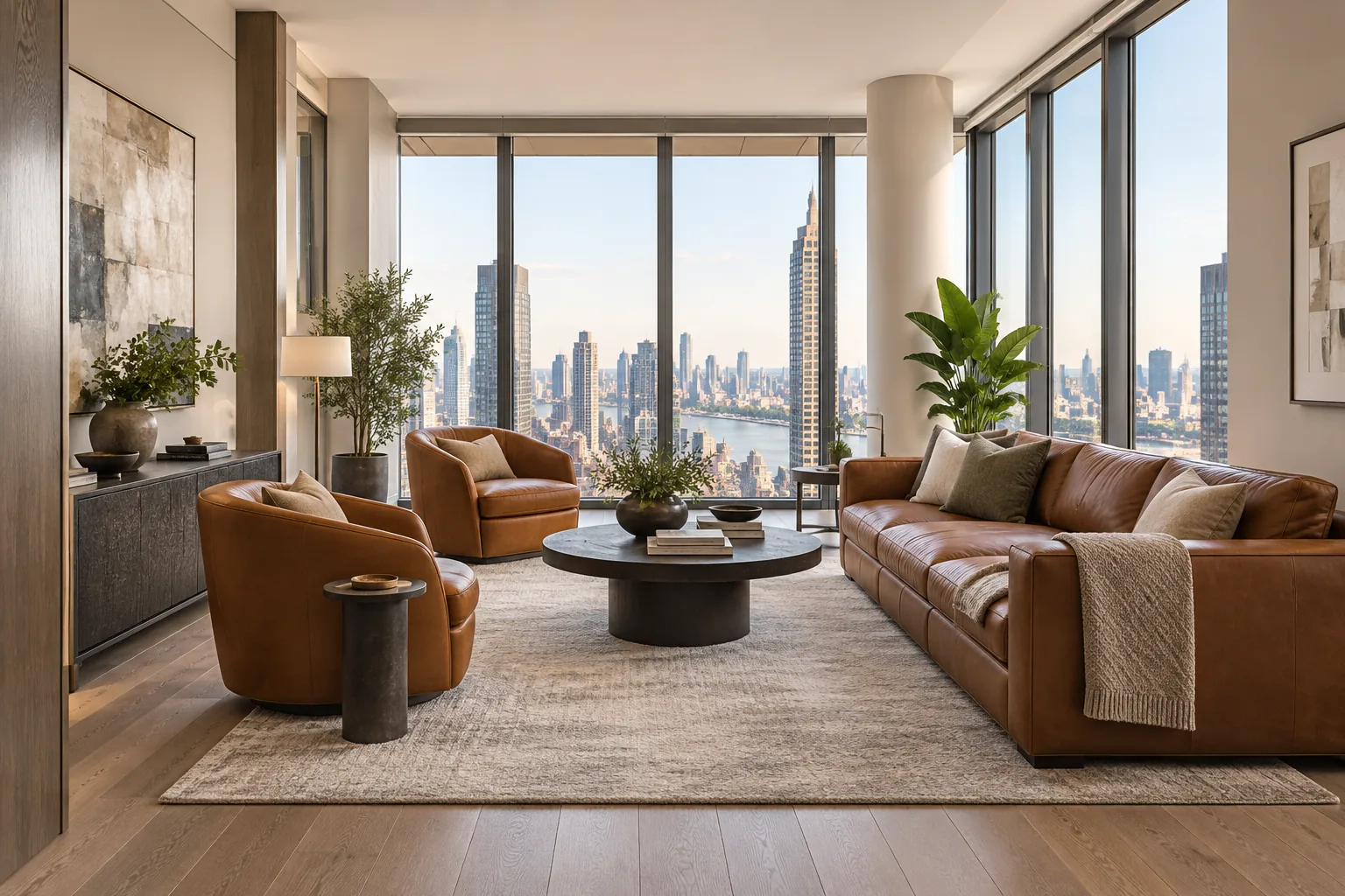 New cognac sofa in a high-rise