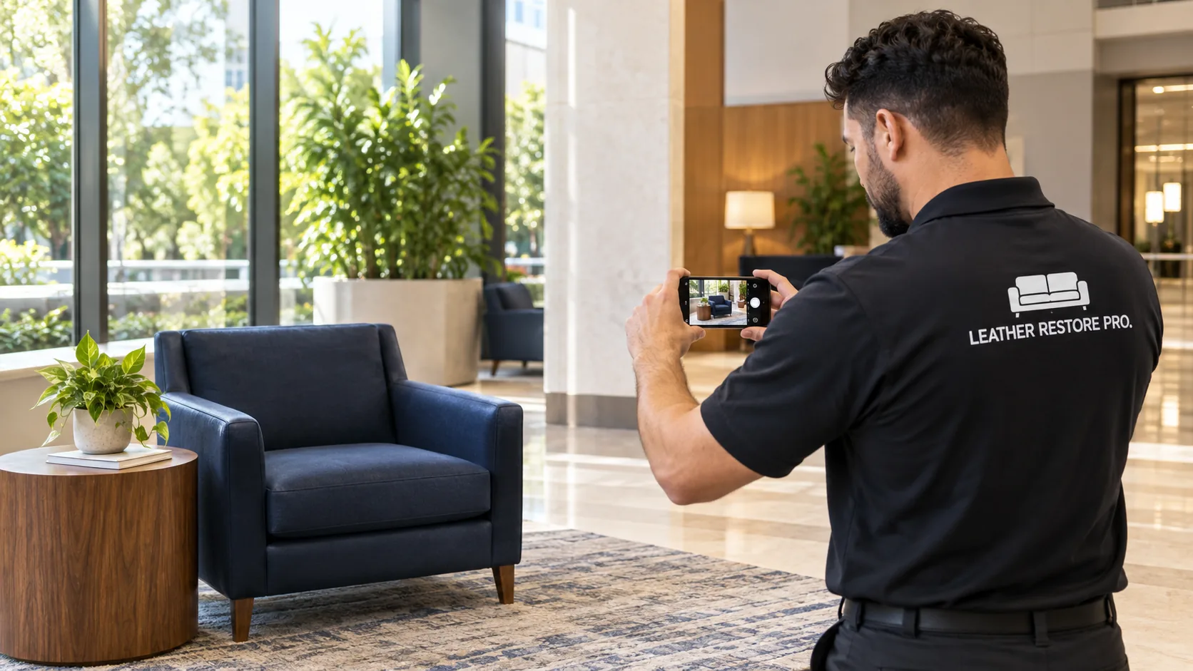 Photographing completed furniture maintenance work for the visit record