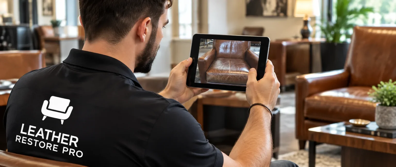 Technician photographing lounge seating on a tablet during a visit