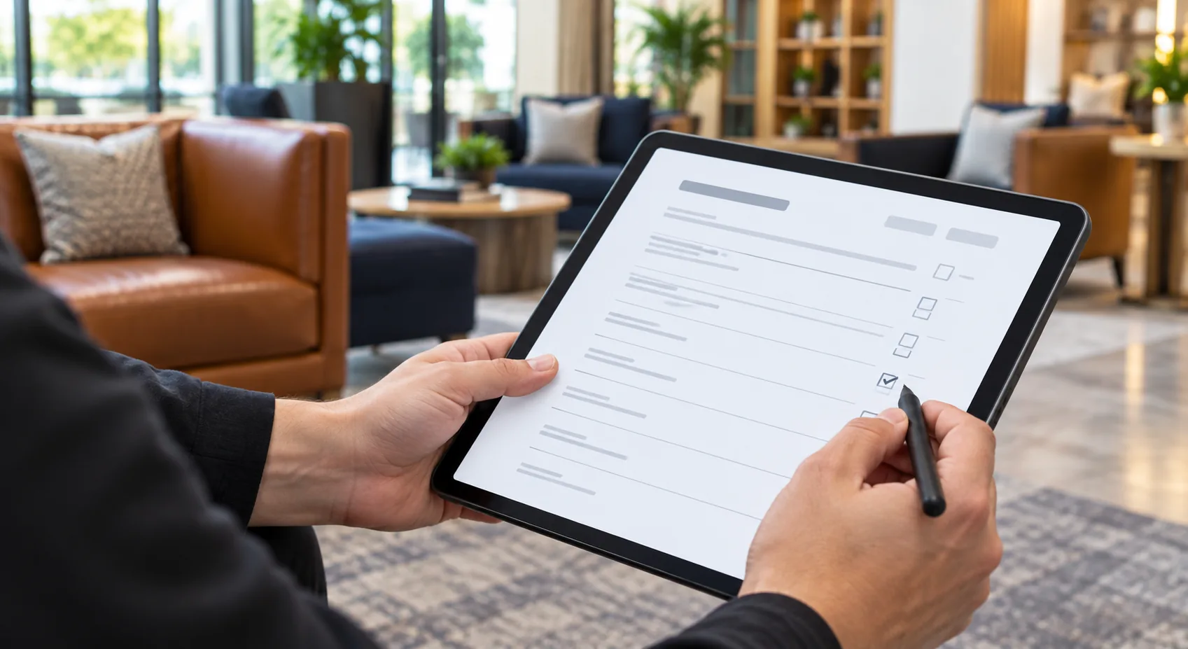 Maintenance visit checklist on a tablet showing completed furniture care tasks