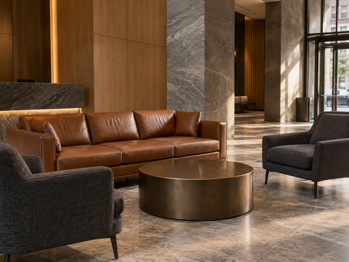 Leather seating in a residential lobby