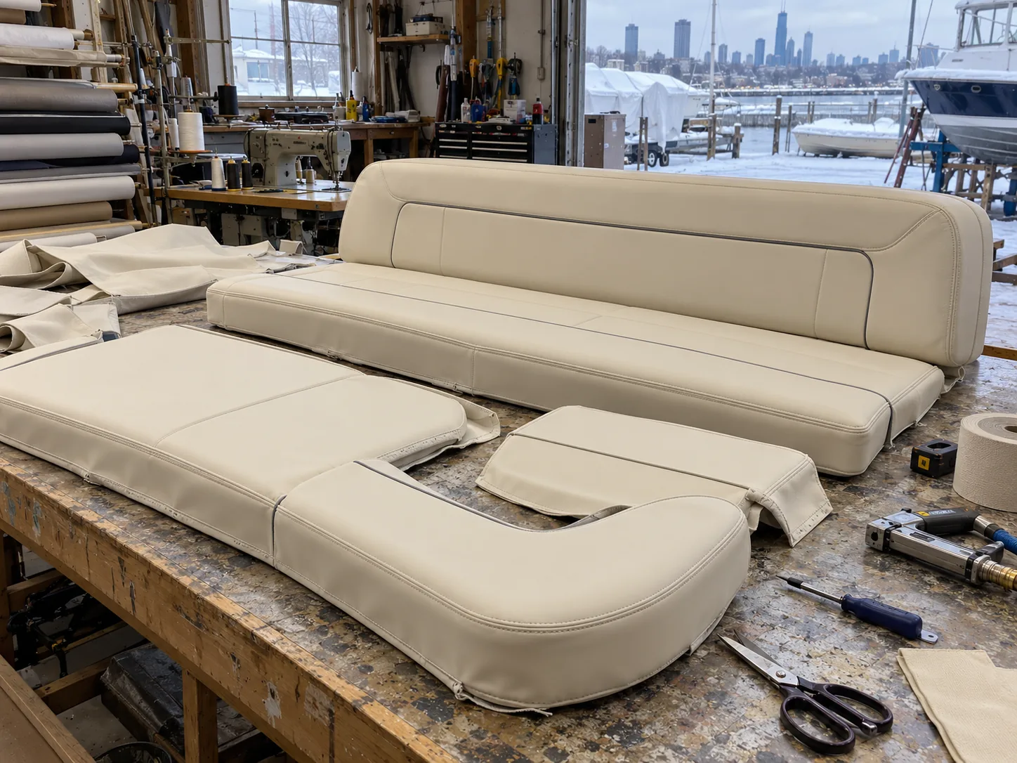 Boat cushions in the workshop over winter with covers in progress