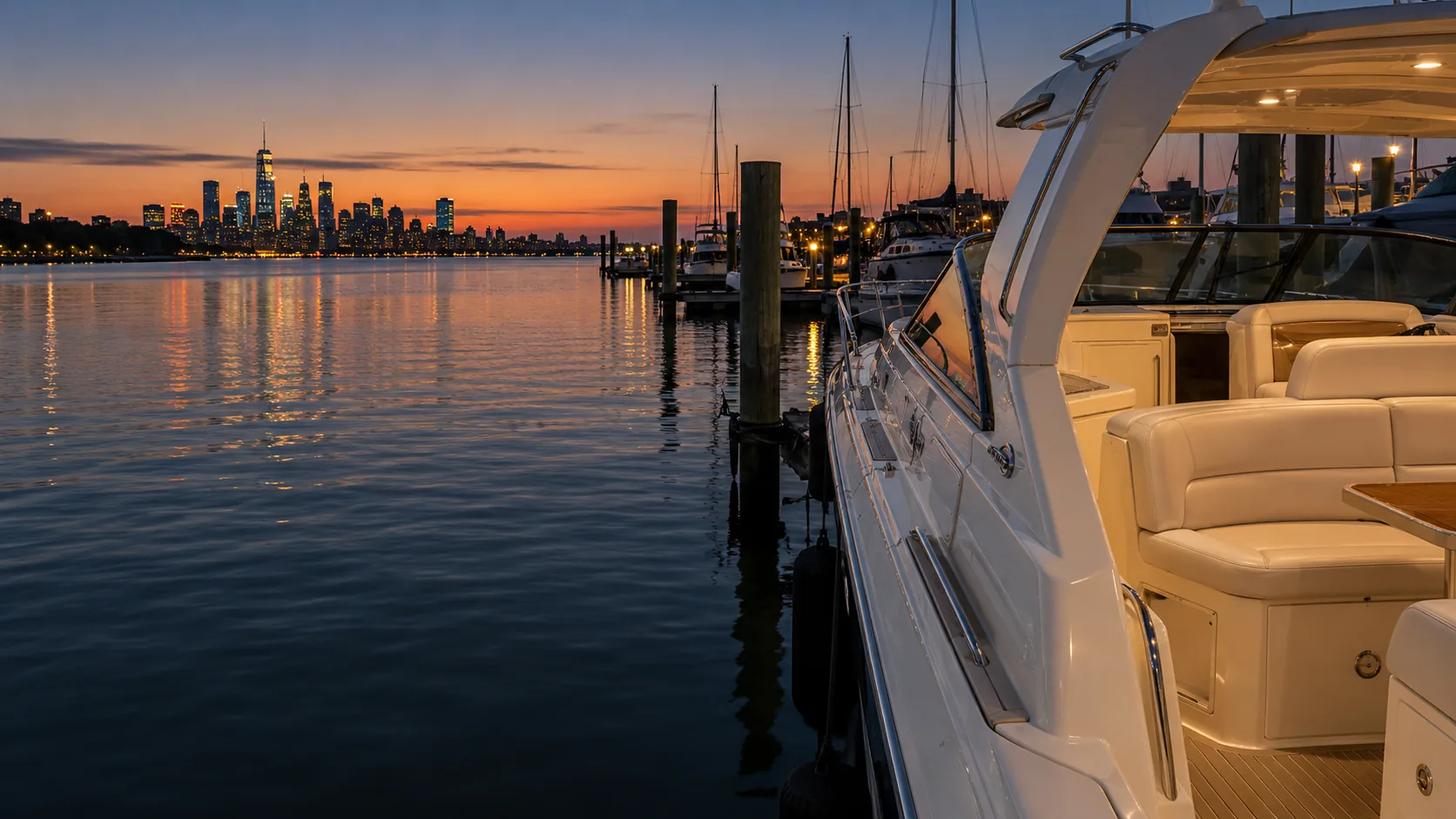 A boat in its slip at dusk with finished seating and marina lights coming on