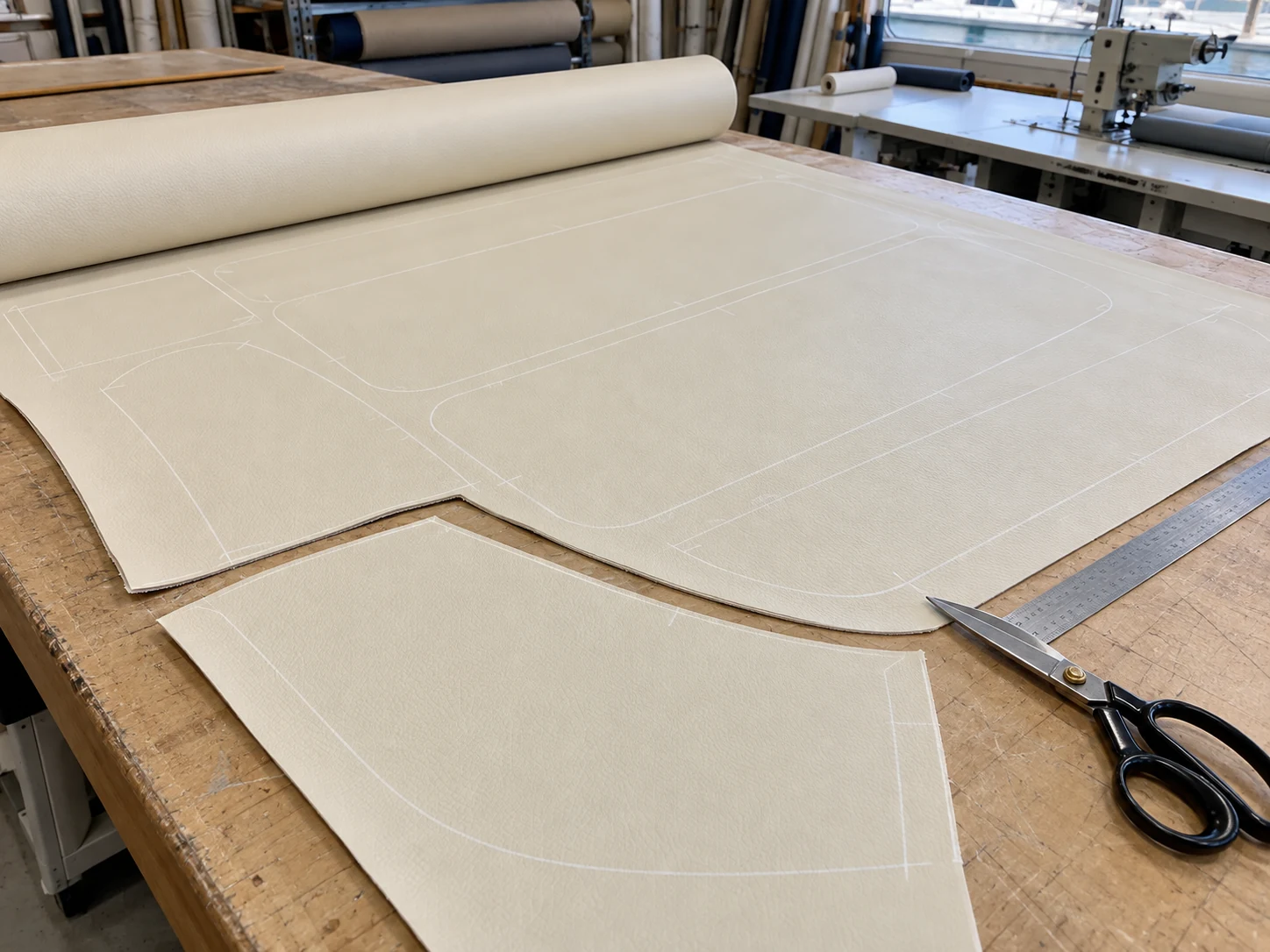 Marine vinyl being cut on a shop table
