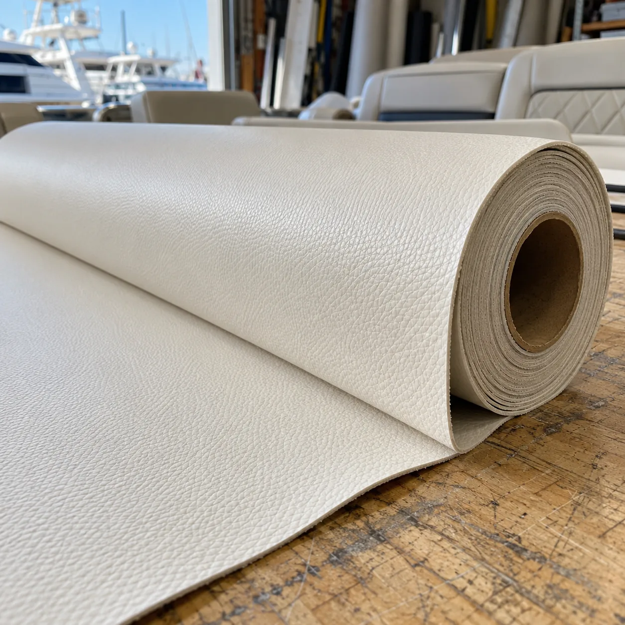 A roll of cream marine vinyl on a cutting bench