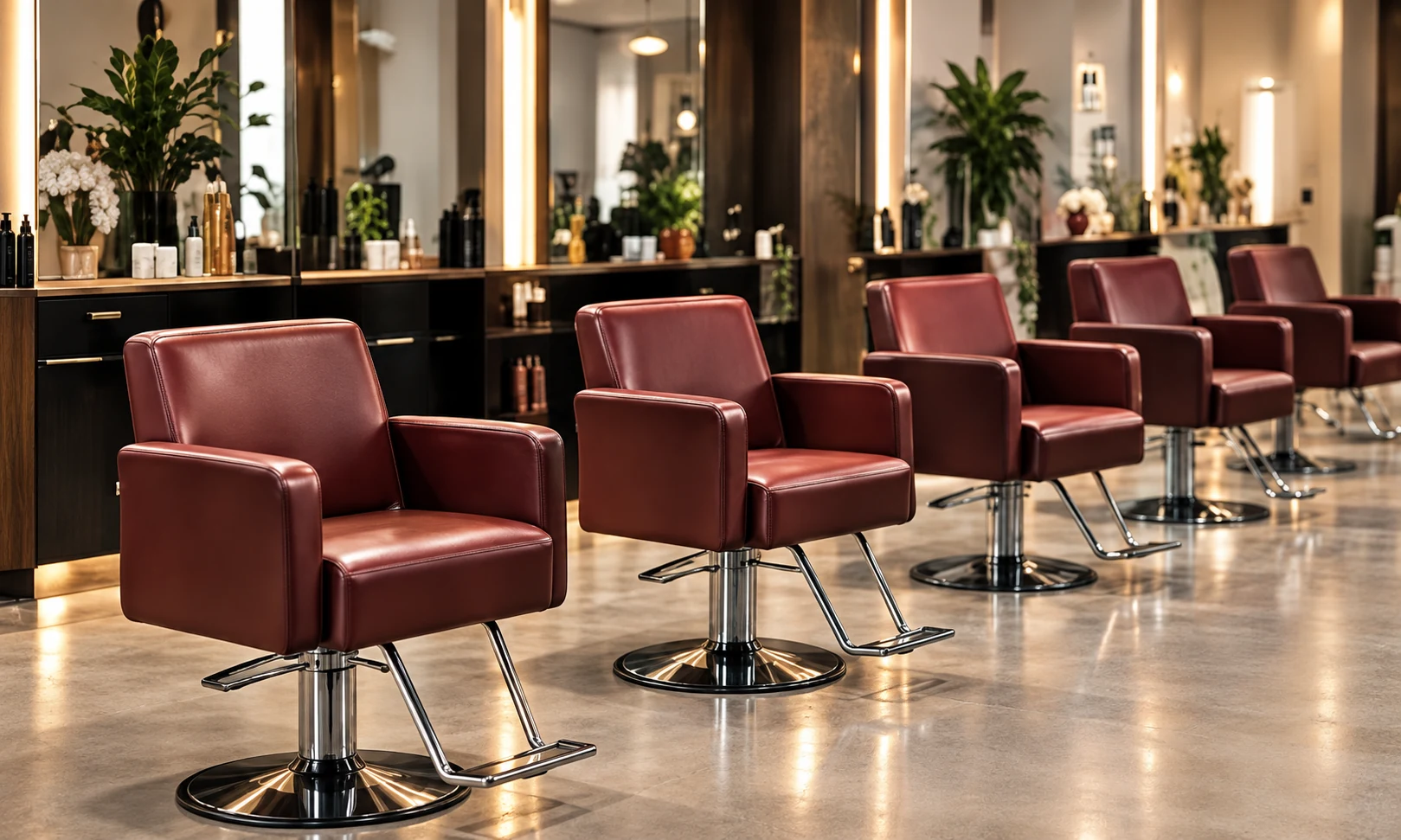Row of recovered maroon styling chairs along a salon wall with plants and mirrors