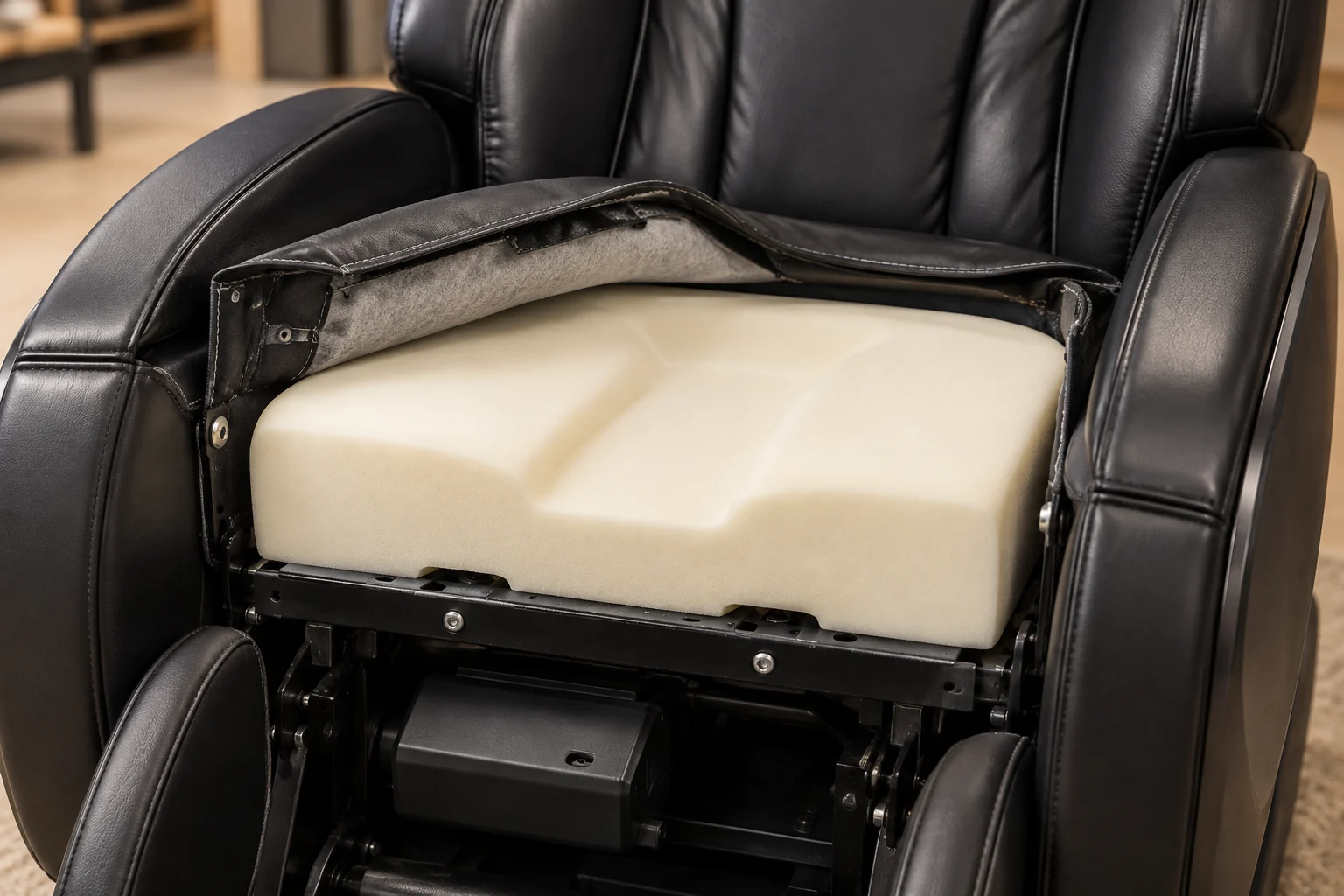 The seat cover of a black massage chair lifted off to show the foam block, frame and motor beneath